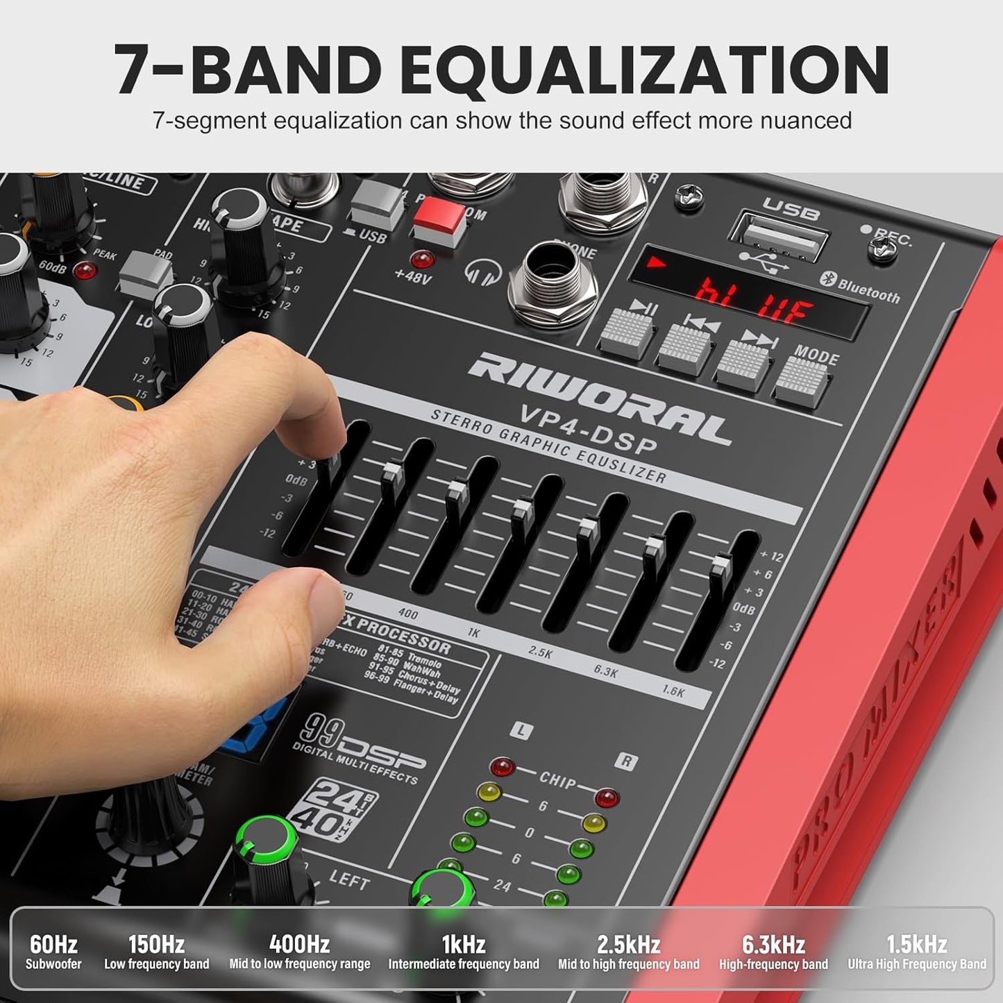 4 Channel Audio Interface DJ Mixer With 99 DSP Effects XLR 1/4 inch Jack For MIC/Musical Instrument USB PC Phone Bluetooth Music Audio Mixer for karaoke Stage Streaming Studio