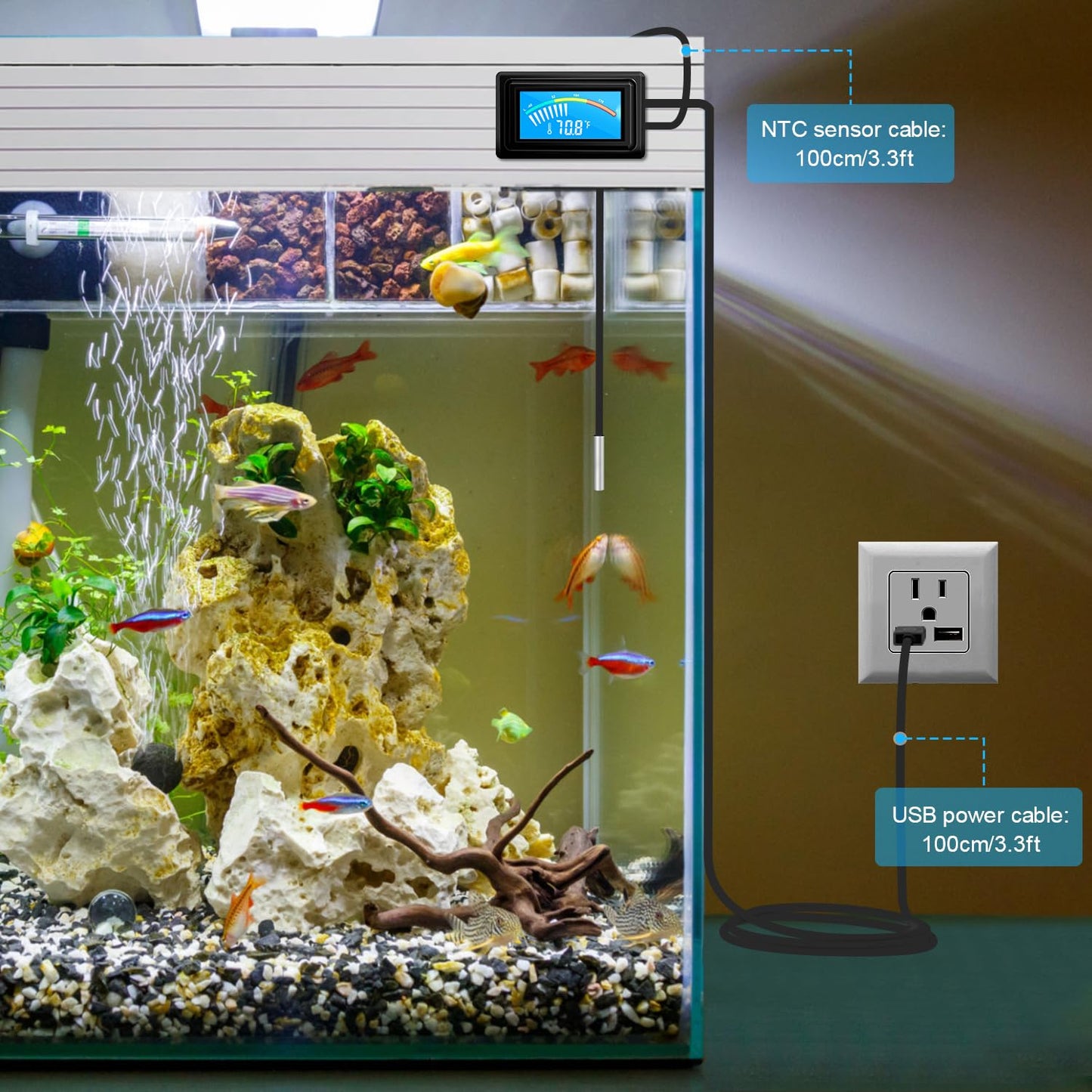 KETOTEK Digital Thermometer Temperature Gauge USB Power Supply with Sensor Probe for Aquarium Vehicle PC Case Incubators Brooders Climb Pet Fahrenheit & Celsius LCD Display