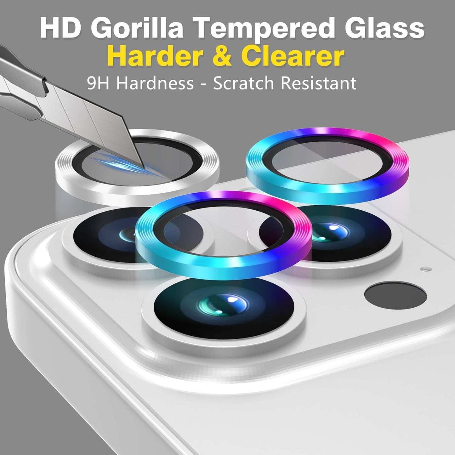 AGVEE 3+3 Camera Lens Protector for iPhone 15 Pro 6.1" / 15 Pro Max 6.7", Brushed Metal Ring 9H Tempered HD Glass Camera Protector Cover Film, Silver