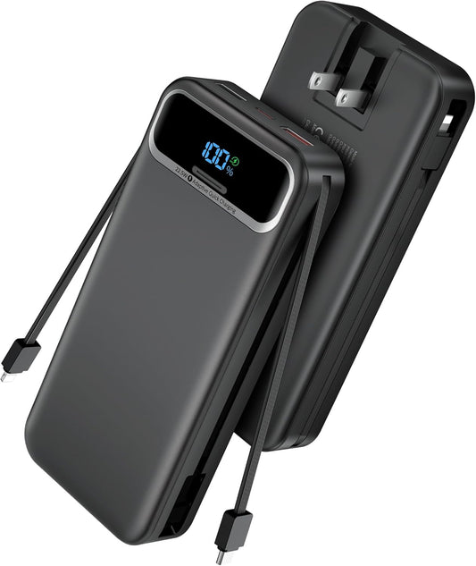 Portable Charger Power Bank with Built in Cables and AC Wall Plug,PD20W&SCP22.5W USB-C Super Fast Charging,20000mAh Travel Phone Charging,LED Display Battery Pack Compatible All iPhone Samsung etc