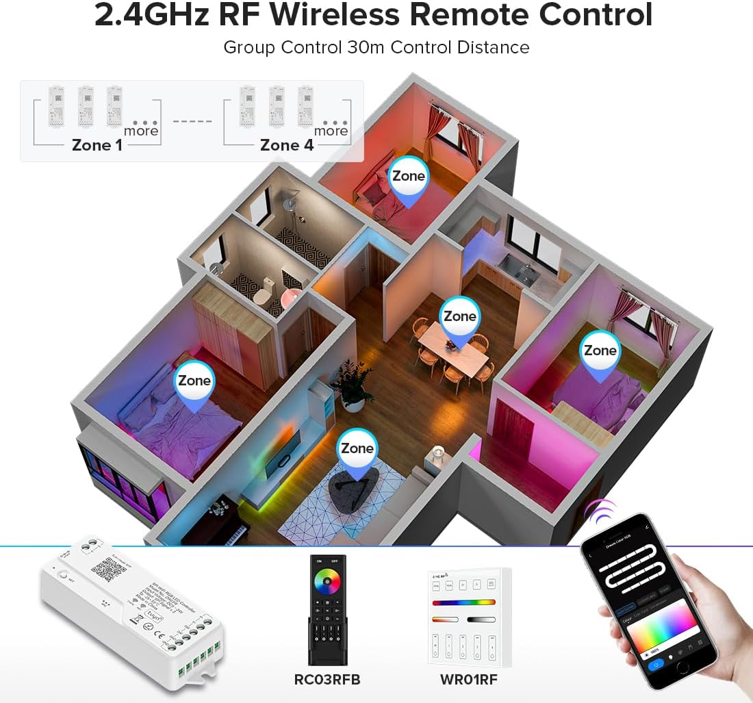 BTF-LIGHTING 2.4G WiFi DR03W RGB SPI Controller Tuya APP/Smart Life/Google Home/Alexa Control Support WS2812B WS2811 WS2815 etc Addressable LED Strip Work with WR01RF RC03RFB RF Remote