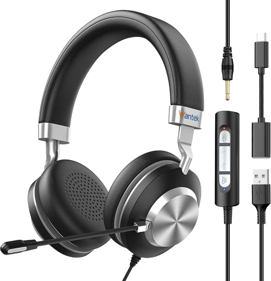 Headset wtih Mic, USB Headset with Microphone for PC, Computer Headset with Noise Canceling Microphone with Mute for Work Home Office Online Skype Zoom Meetings