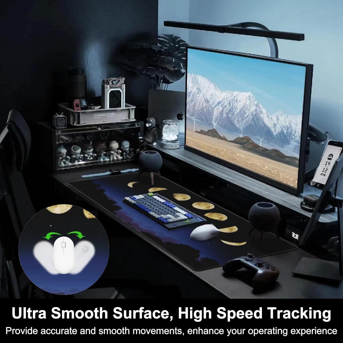 Mouse Pad, Large Moon Phase and Forest Desk Mat, Extended Non-Slip Gaming Keyboard Mousepad Desk Pad, Thick Stitched Edges Waterproof Mouse Mat 31.5"x15.7" (Moon Phase Changes)