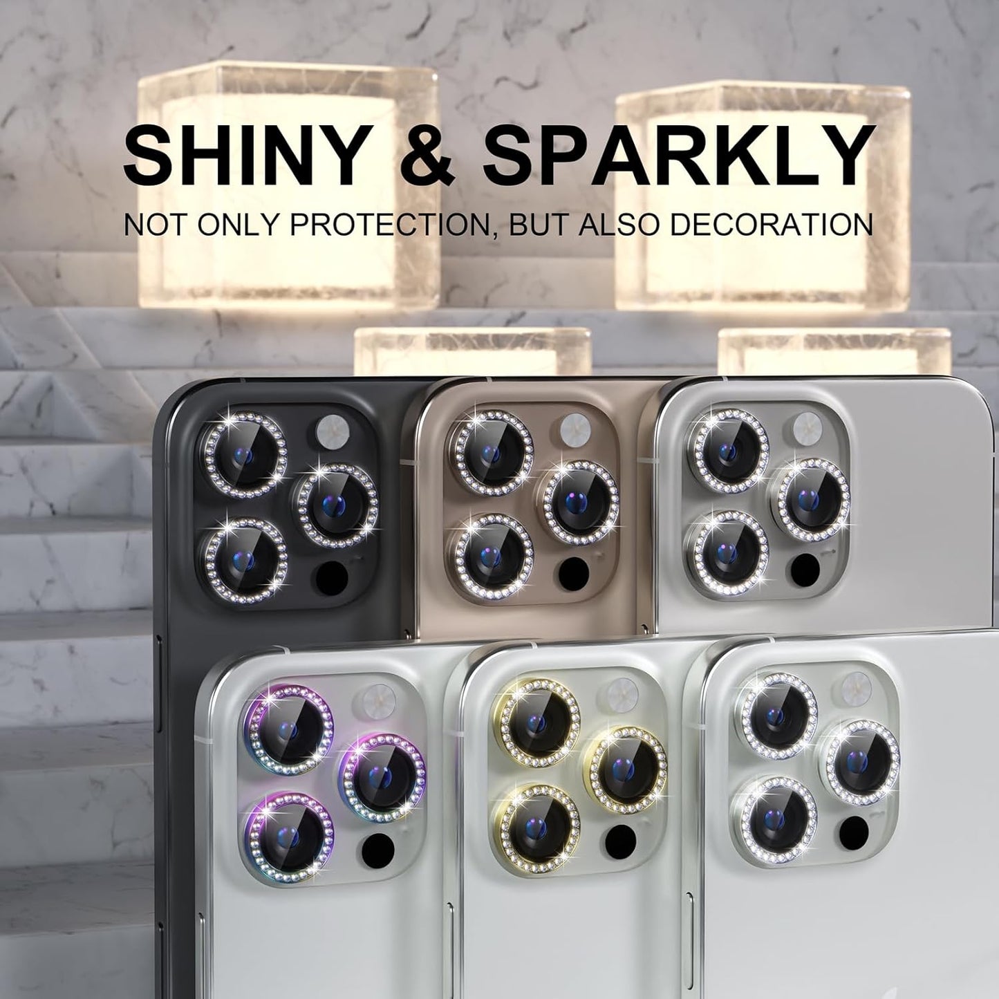 Choiche Compatible for iPhone 16 Pro/iPhone 16 Pro Max Camera Lens Protector Bling, 9H Tempered Glass Camera Cover Screen Protector Metal Ring Decoration Accessories (Diamond-Black)