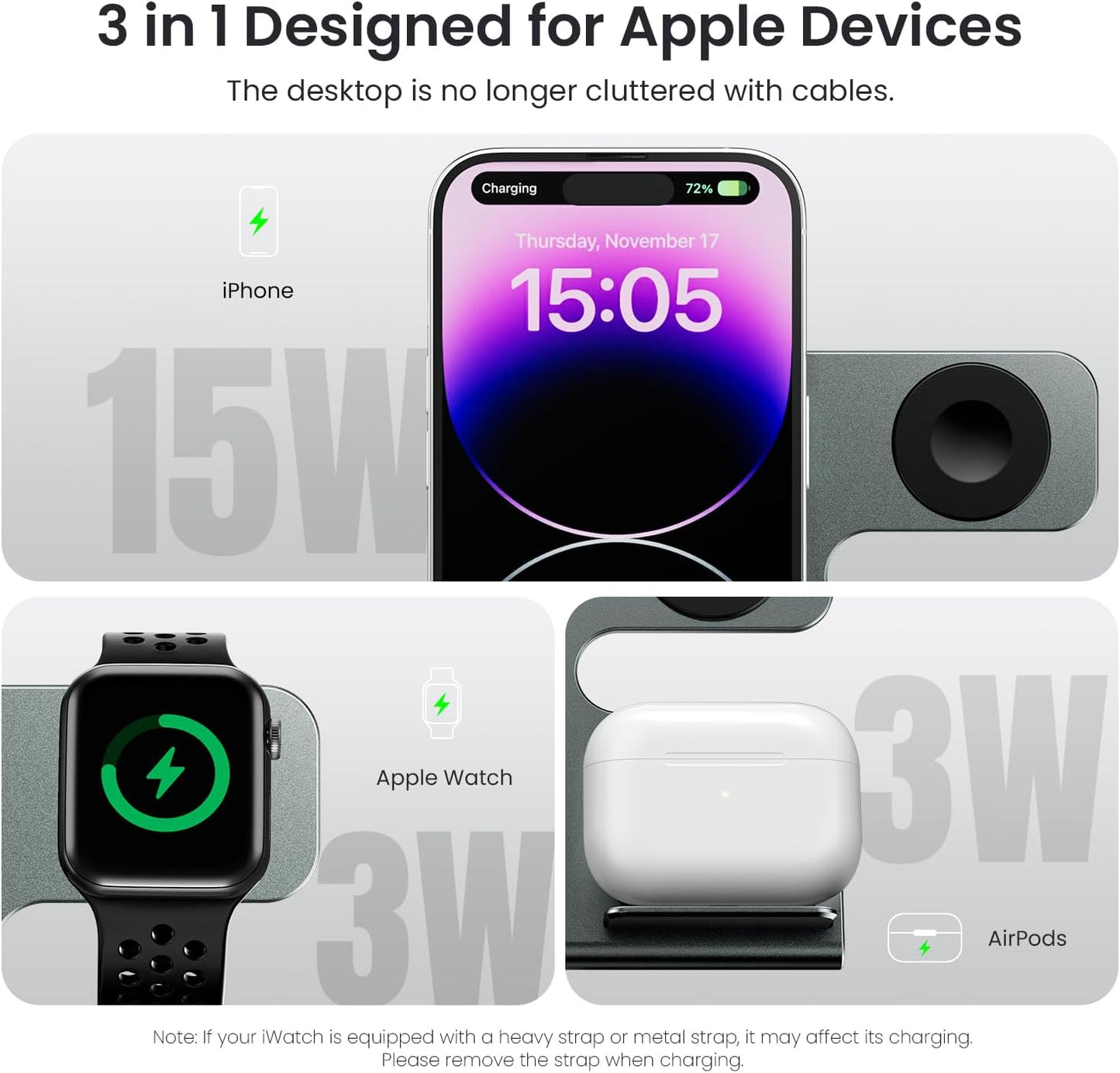 3 in 1 Aluminum Alloy Magnetic Wireless Charging Station Compatible with iPhone 16/15/14/13/12 Series, ESSAGER 15W Wireless Charger Office Bedroom Table for Airpods 4/3/2/Pro, iWatch with 20W Adapter