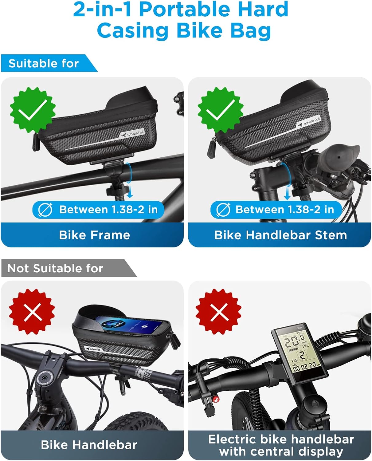whale fall Quick Release Bike Frame Bag with Hard Shell, Waterproof Phone Mount with 0.25mm Touchscreen, Detachable Cycling Bag for Phones up to 6.9", Fits Road & Mountain Bikes