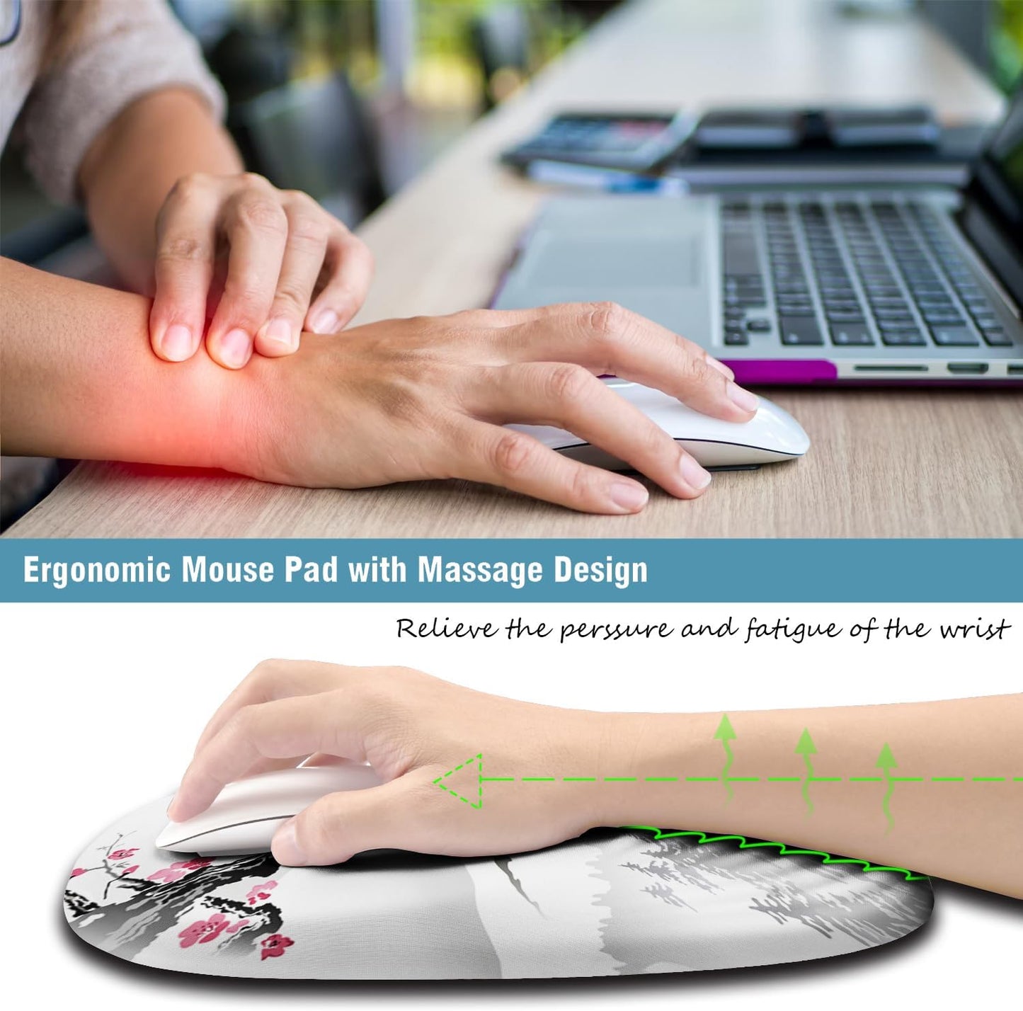 Ergonomic Mouse Pad with Wrist Support, Japanese Sakura Mouse Pad Wrist Rest Design and Non-Slip PU Base, Desktop Mousepads for Pain Relief, Desk, Computer, Office & Home, Fujiyama
