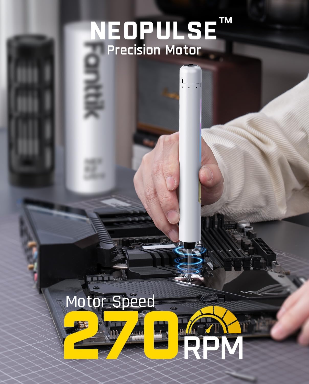 Fanttik E2 Ultra Mini Electric Screwdriver, Cordless Screwdriver, Max 0.6N.m, 50 Magnetic Bits, 5/32'' Hex, Magnetic Storage, Repair Tool for Electronics, Camera, Laptop, and PC Build (White)