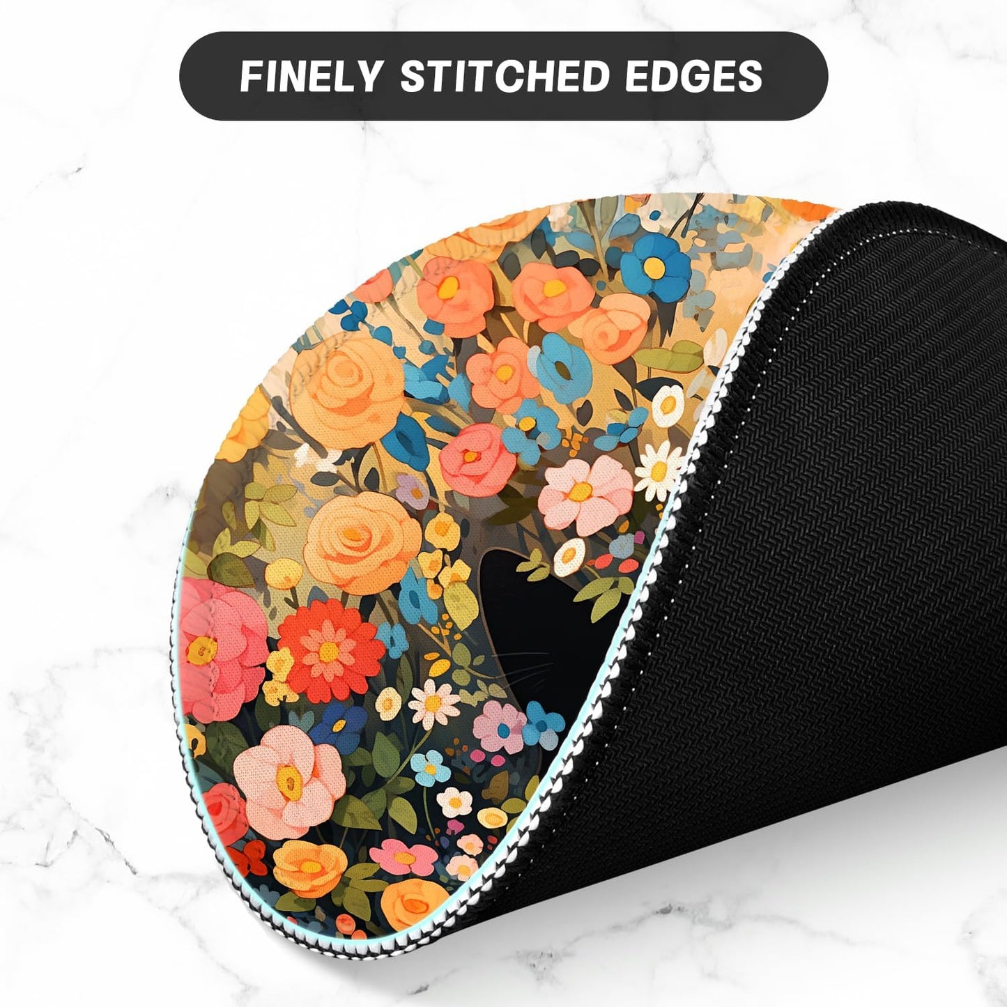 ITNRSIIET Round Mouse Pad with Stitched Edge Premium-Textured Waterproof Non-Slip Rubber Base Desktop Protection Mat Diameter 8.7 inches, Flower Cat