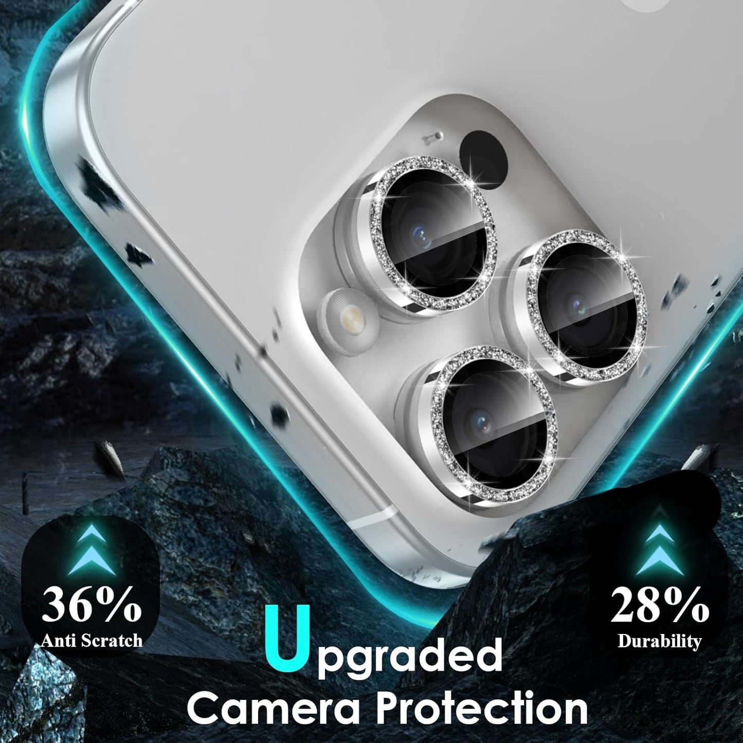YWXTW Designed for iPhone 15 Pro/iPhone 15 Pro Max Camera Lens Protector Bling, [New Glitter Design] Individual Metal Tempered Glass Camera Cover Accessories Case Friendly (Silver Titanium Glitter)