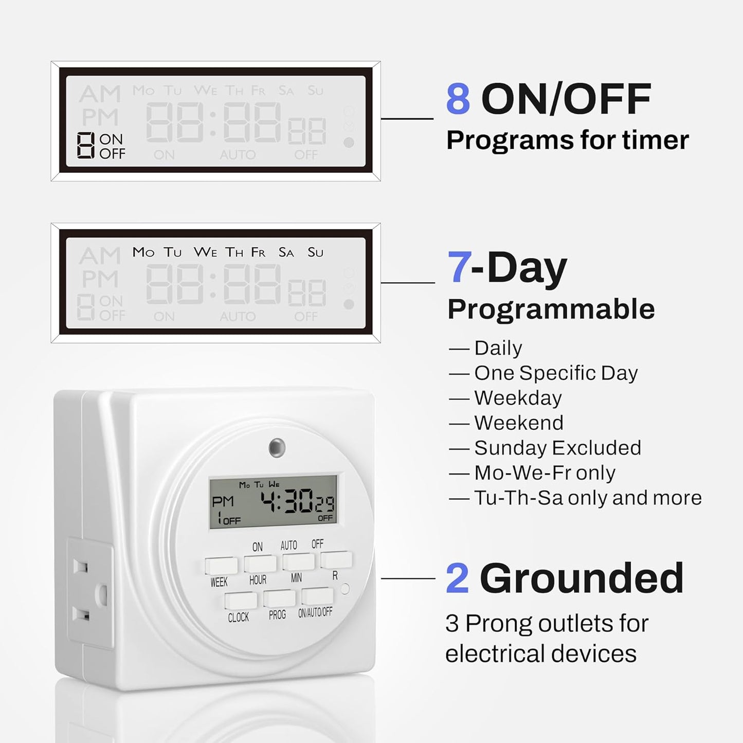 BN-LINK 7 Day Heavy Duty Digital Programmable Timer, 120V, 60Hz, Dual Outlet, Indoor, for Lamp Light Fan Security ETL Listed