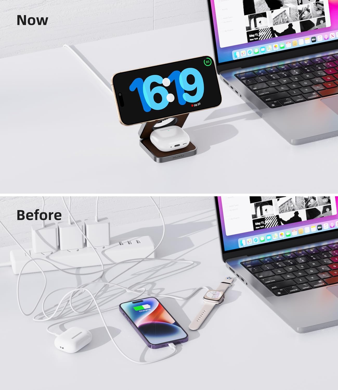 Foldable Magnetic Wireless Charger, KU XIU X40 Aluminum Alloy 3 in 1 Charging Station for Apple, Fast Charging Travel Charger for iPhone 16 15 14 13, 5W for Apple Watch Ultra, AirPods, Leather Texture