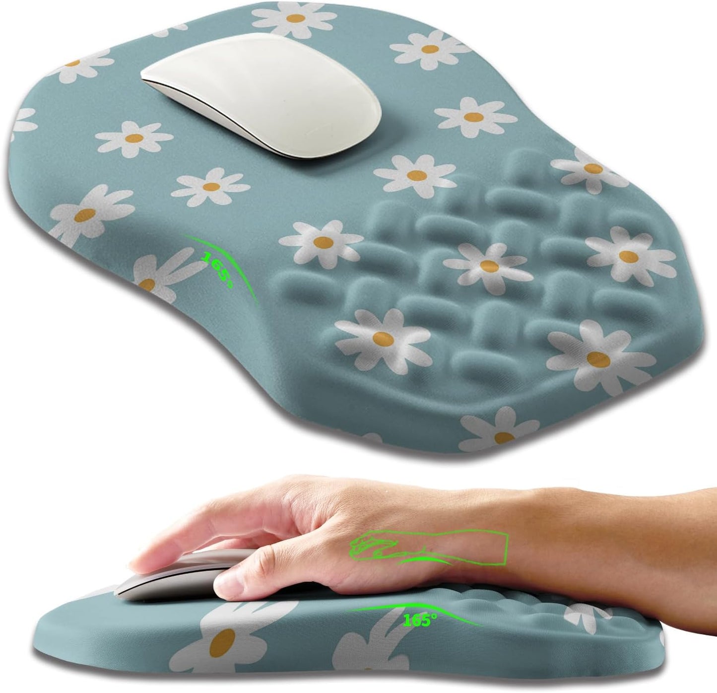 Ergonomic Slope Mouse Pad Wrist Support, Wrist Rest Mousepad for Carpal Tunnel Pain Relief with Massage Bulge and Slow Rebound Memory Foam (12x8 inch, White Flowers)