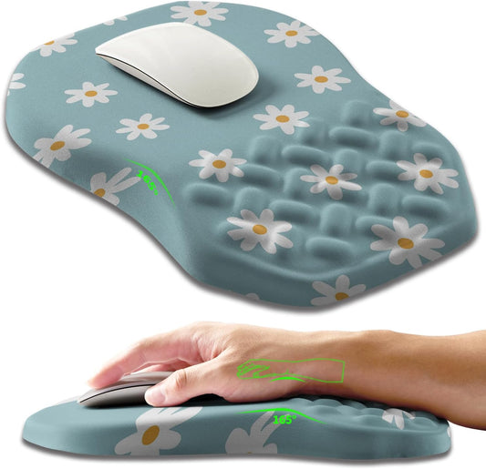 Ergonomic Slope Mouse Pad Wrist Support, Wrist Rest Mousepad for Carpal Tunnel Pain Relief with Massage Bulge and Slow Rebound Memory Foam (12x8 inch, White Flowers)