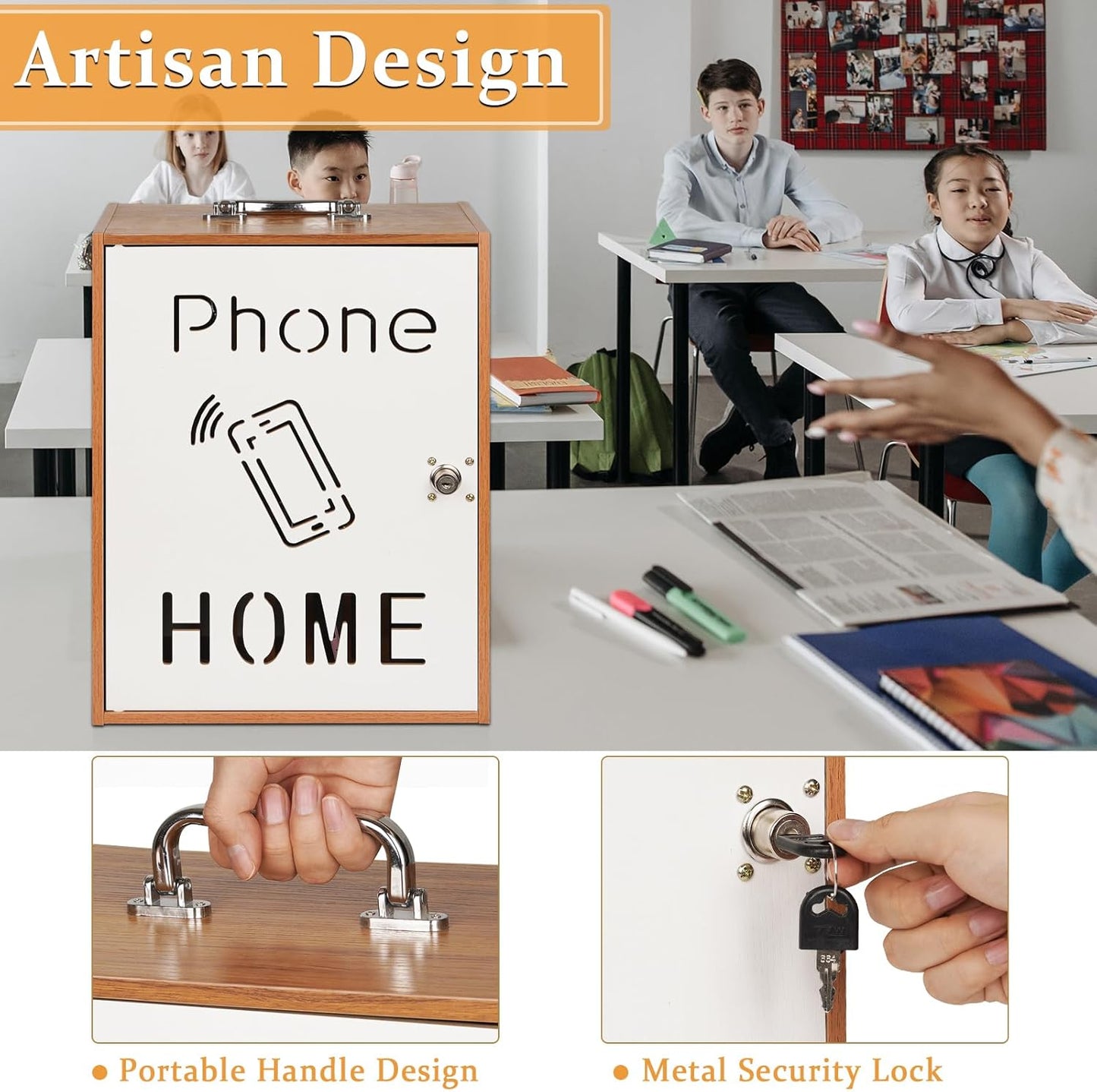 Cell Phone Holder Classroom 36 Slots Wooden Cell Phone Storage Cabinet Pocket Chart with Handle and Security Lock for Classroom Office (36 Grid Cabinet Cherry)