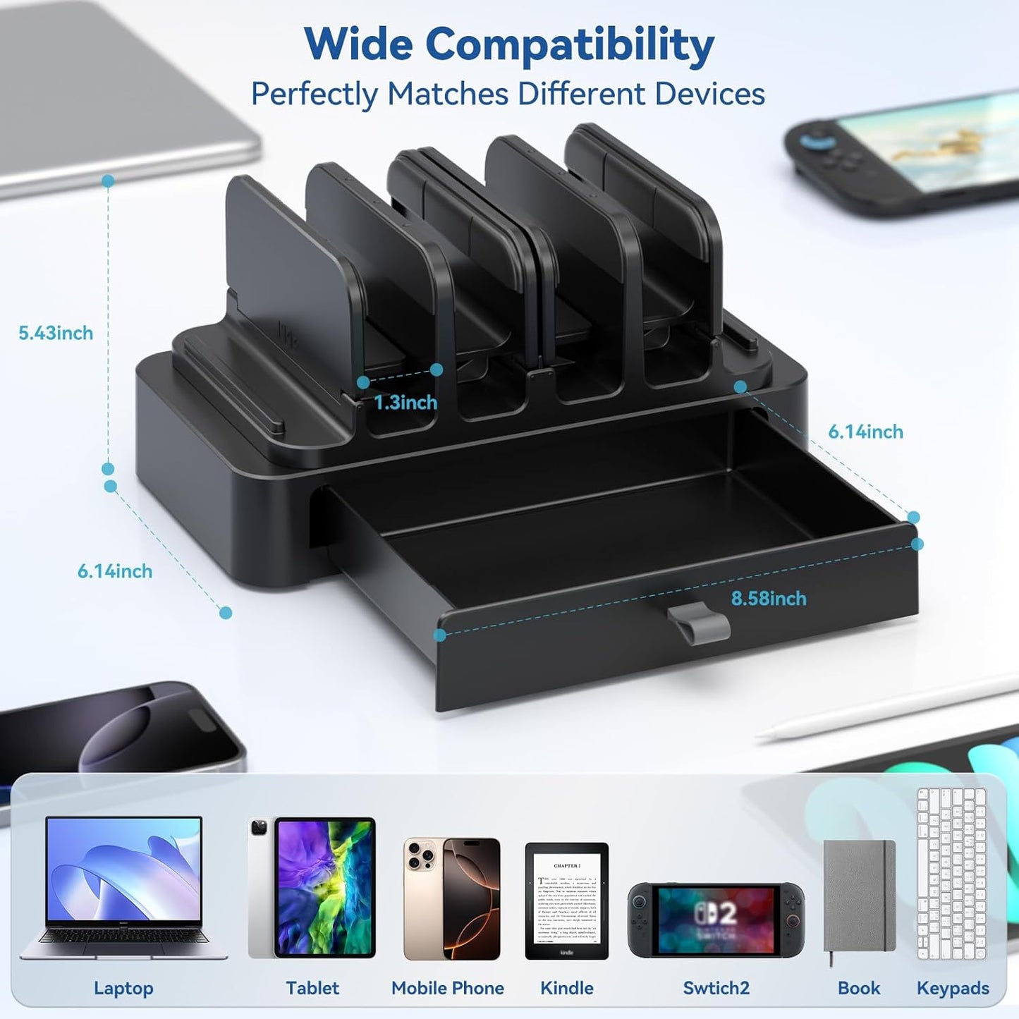 KDD Vertical Laptop Stand with Drawer - 7-in-1 Space-Saving Laptop Holder with Gravity Locking Fits MacBook, Dell, HP, Chromebook, Surface Pro, Tablet, Cell Phone, Switch, Keyboard Desktop Organizer