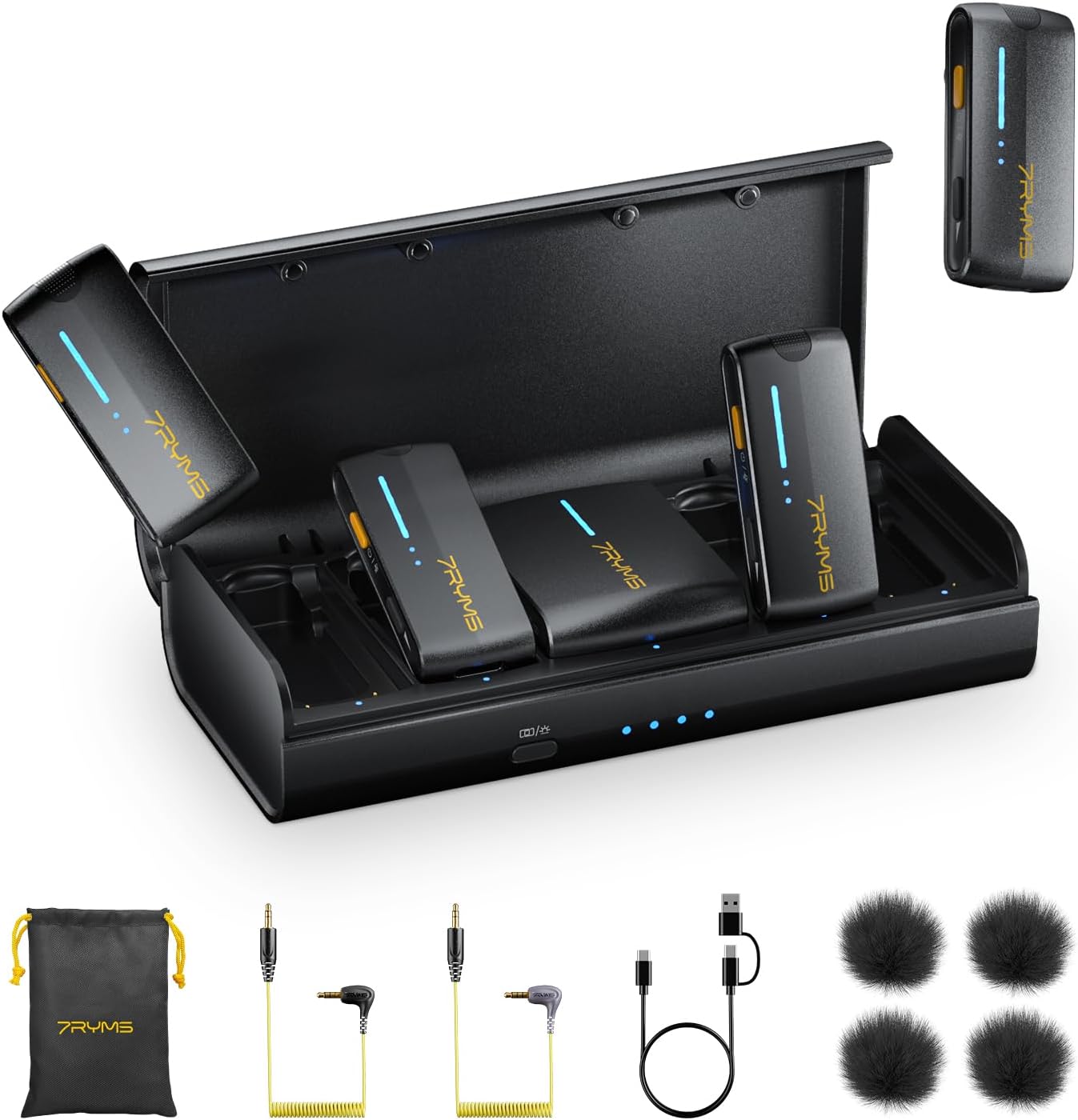 7RYMS iRay DW40 4-Channel Wireless Microphone for Cameras, Camcorders, iPhones, Android Phones, Wireless Lavalier Microphone -Noise Canceling, 656ft Range, 12.5H Working, Lav Mic for Video Recording