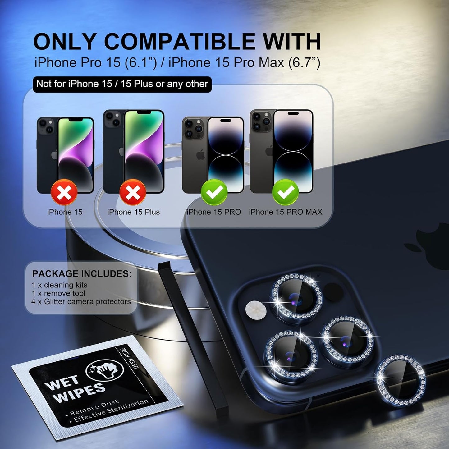 Choiche Compatible for iPhone 15 Pro/iPhone 15 Pro Max Camera Lens Protector Bling, 9H Tempered Glass Camera Cover Screen Protector Metal Ring Decoration Accessories (Diamond-Blue)