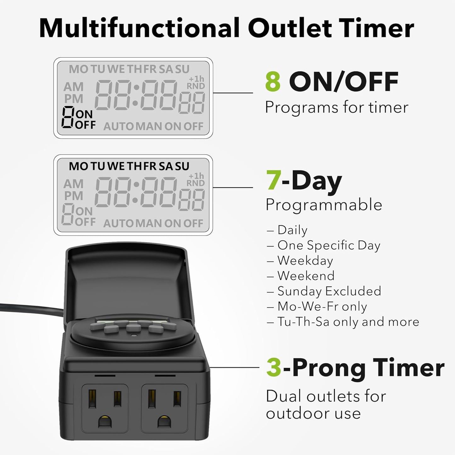 BN-LINK 7 Day Outdoor Heavy Duty Digital Programmable Timer, Outdoor Timer Outlet Waterproof, 2 Grounded Electrical Outlets for Christmas Lights, ETL Listed（2 Pack）