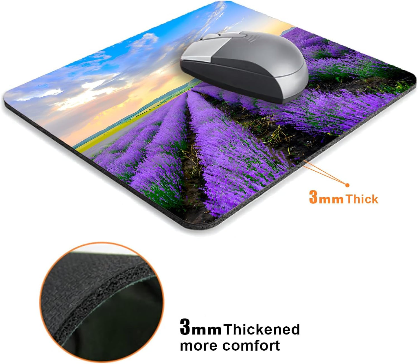 Purple Lavender Landscape Mouse Pads for Desk, Portable Wireless Computer Mouse pad Small Design with Women, Non-Slip Rubber Base Laptop Mousepad 9.5" x 7.9" Smooth Surface for Office & Travel