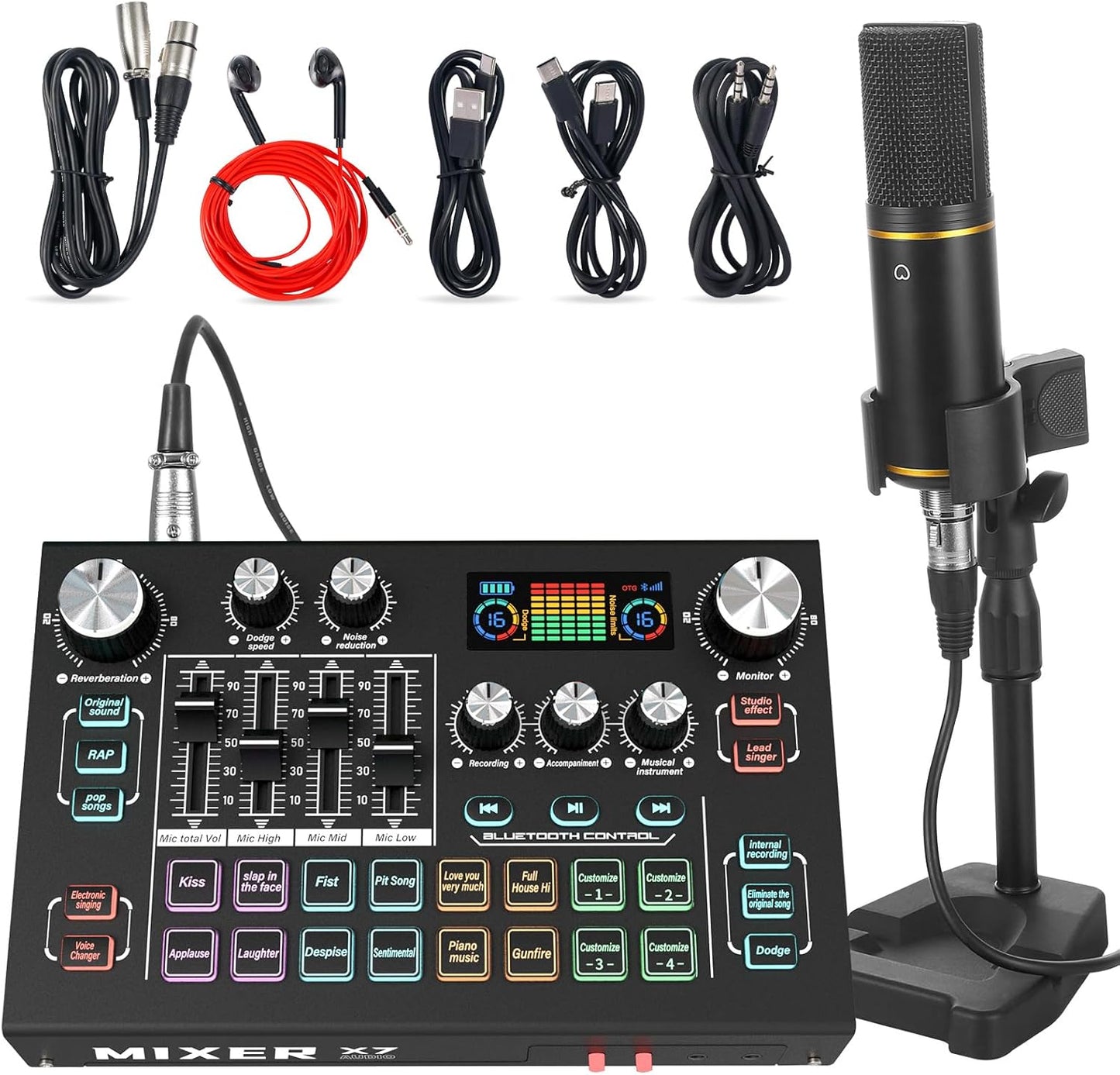 RHM Podcast Equipment Bundle with 48V Phantom Power & Condenser Microphone, 4 Customized Soundpads, 12 Preset Sound Effects, 4 Voice Changing Modes & LCD Display, for PC/Phone/Live Streaming