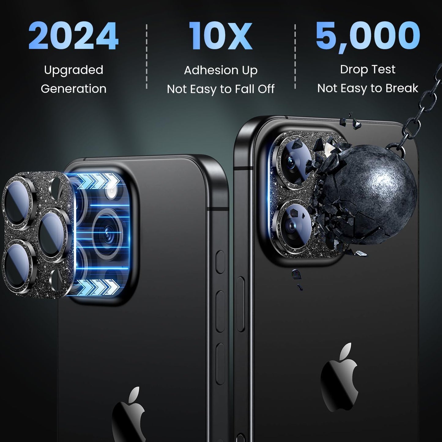 Uyiton Compatible with iPhone 16 Pro/iPhone 16 Pro Max Camera Lens Protector - [Not Easy to Break][Strong Adsorption][Case-Friendly] Metal Tempered Glass Rear Camera Screen Cover - Glitter Black