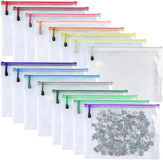 Oaimyy-16 PCS-6" x 8" Inch -Mesh Zipper Pouch, Plastic Zip File Folders Puzzle Bags for Organizing,Office Supplies,Travel,Home Storage-Multicolor