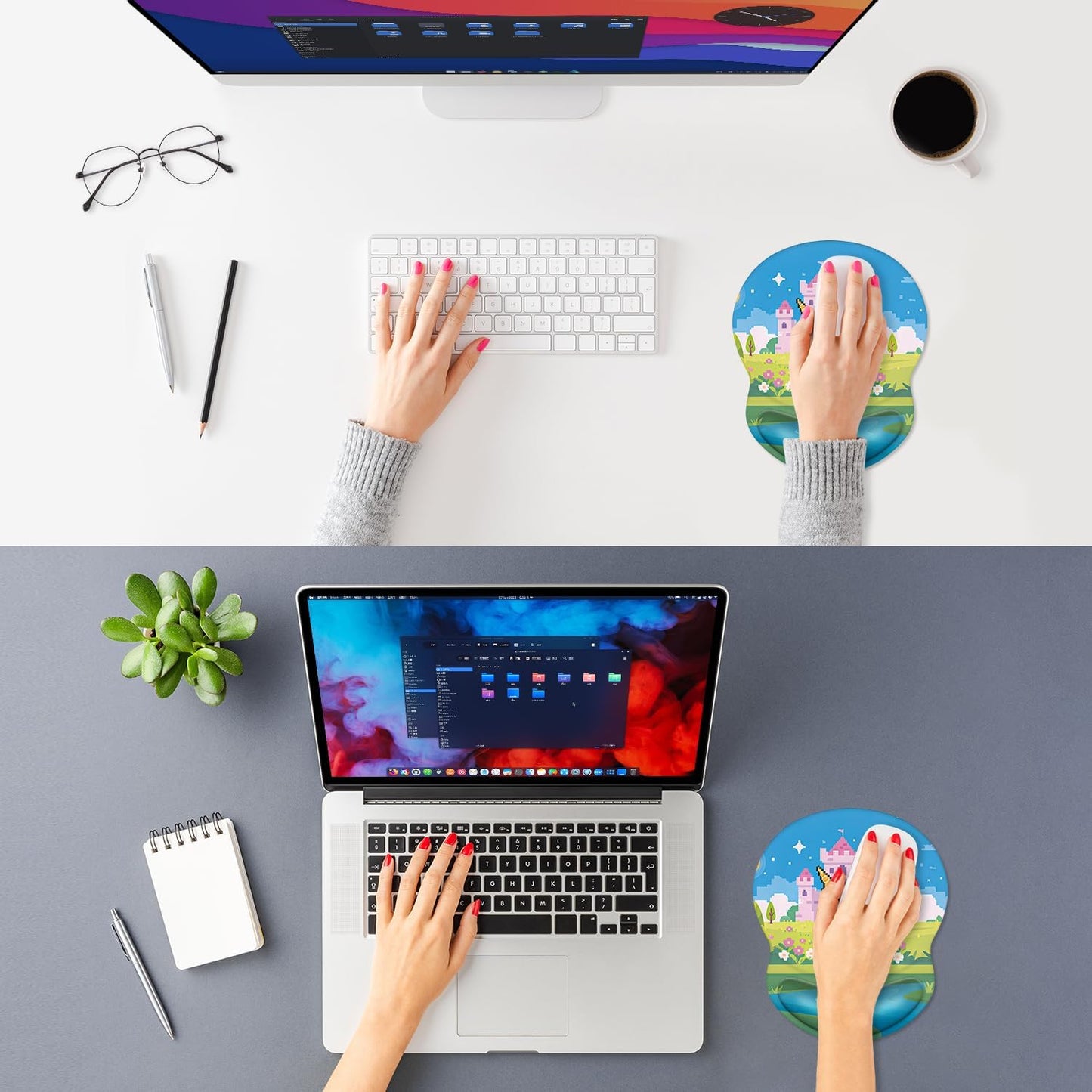 ITNRSIIET Ergonomic Mouse Pad with Comfort Gel Wrist Rest, Non-Slip PU Base, Smooth Textured Surface, Reduces Hand Fatigue & Wrist Pain, 8.7 x 7.2 Inch for Office Gaming Home, PixelCastle