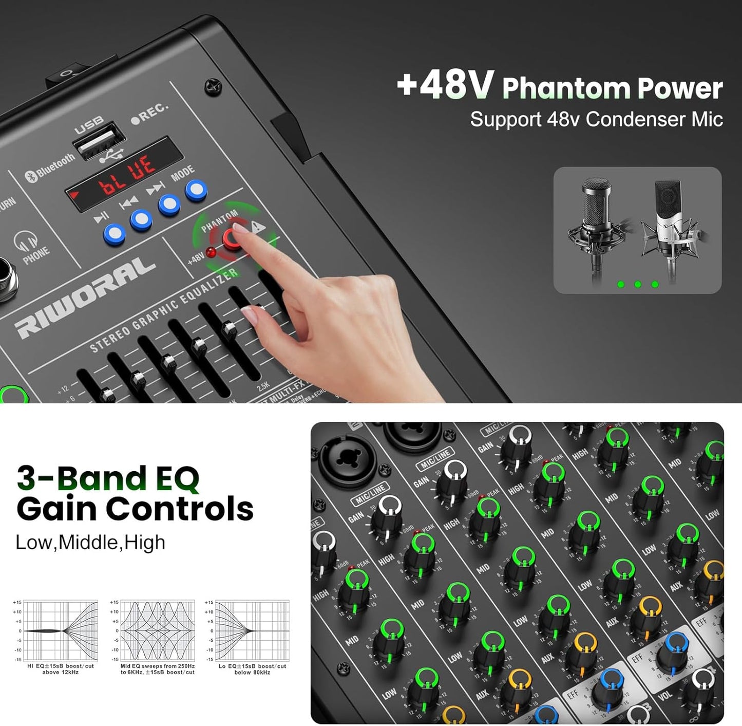 8 Channel Audio Interface DJ Mixing Sound Board 16 DSP Digital Effects With 40khz/24bit Bluetooth USB Rac Interface As Mp3 Player Audio Mixer For Karaoke Streaming Recording