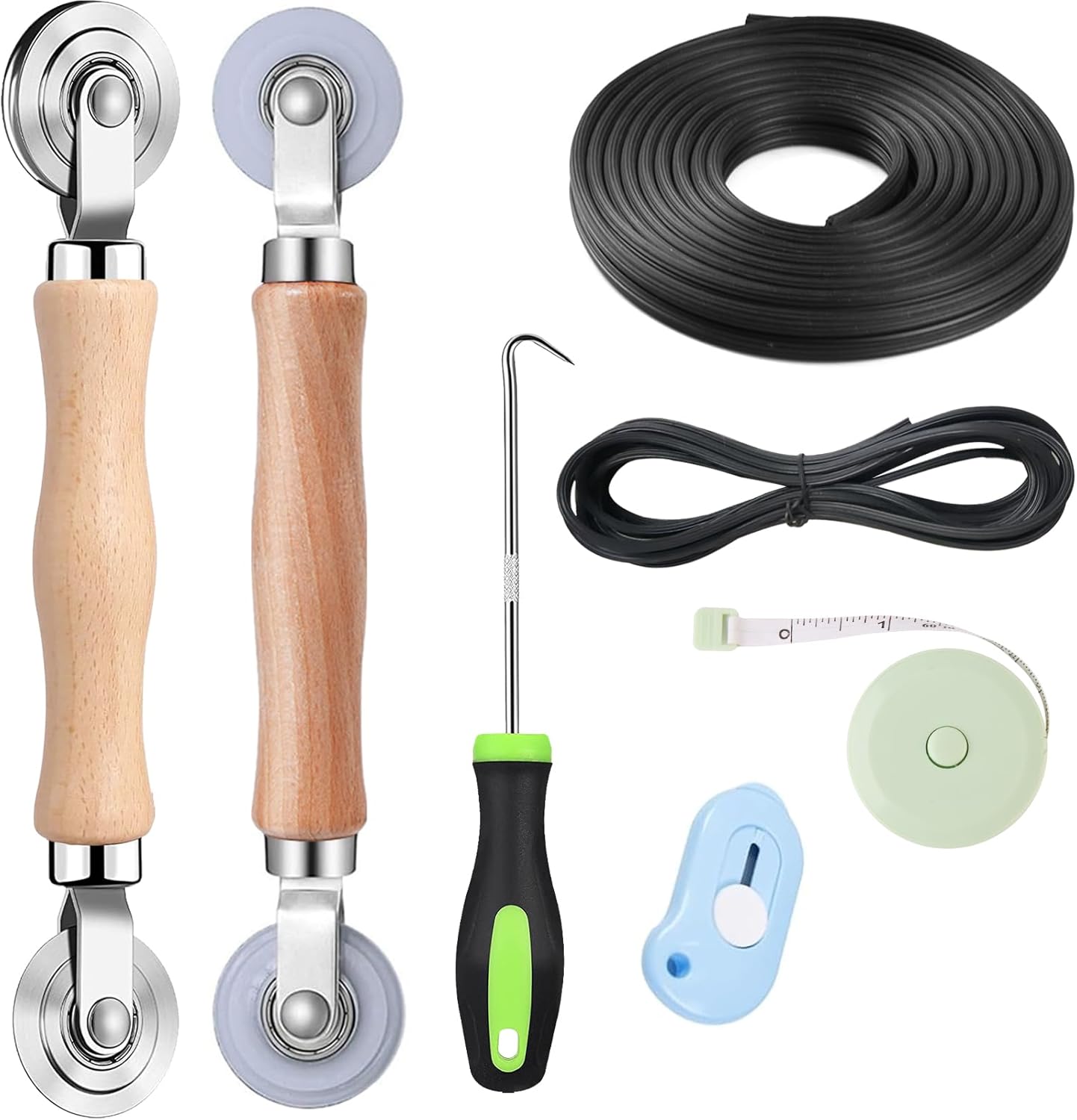 Screen Tool for Window Screen Replacement - Two Spline Roller (Steel and Nylon Bearing Roller), Spline Removal Hook, Two Sizes Screen Spline, Utility Knife, Tape Measure, Tooltriz