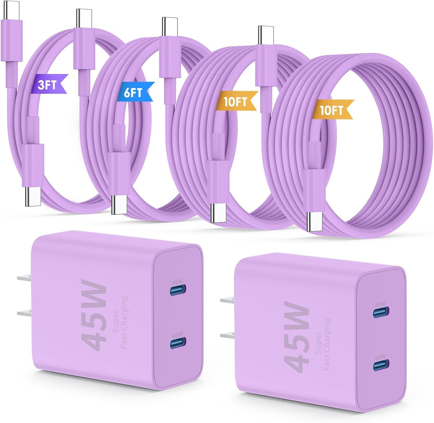 iPhone 16 15 Pro Max Charger Fast Charging,45W Dual Port USB C Fast Charger Block [2-Pack] & Extra Long 60W 3/6/10/10FT USB C Cable - PD Quick Adapter 3.0 for iPhone 16 15/16 15Pro/16 15 Plus.