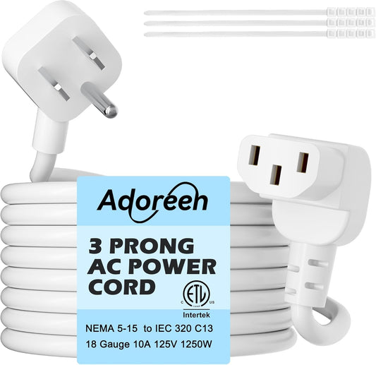Adoreen 20 Ft Computer TV Replacement Power Cord White, Low Profile Flat Plug to 90 Degree Angled L-Shaped 18AWG 3-Prong AC Universal Power Supply Cable for Printer, PC, Monitor TV LCD, ETL+Ties