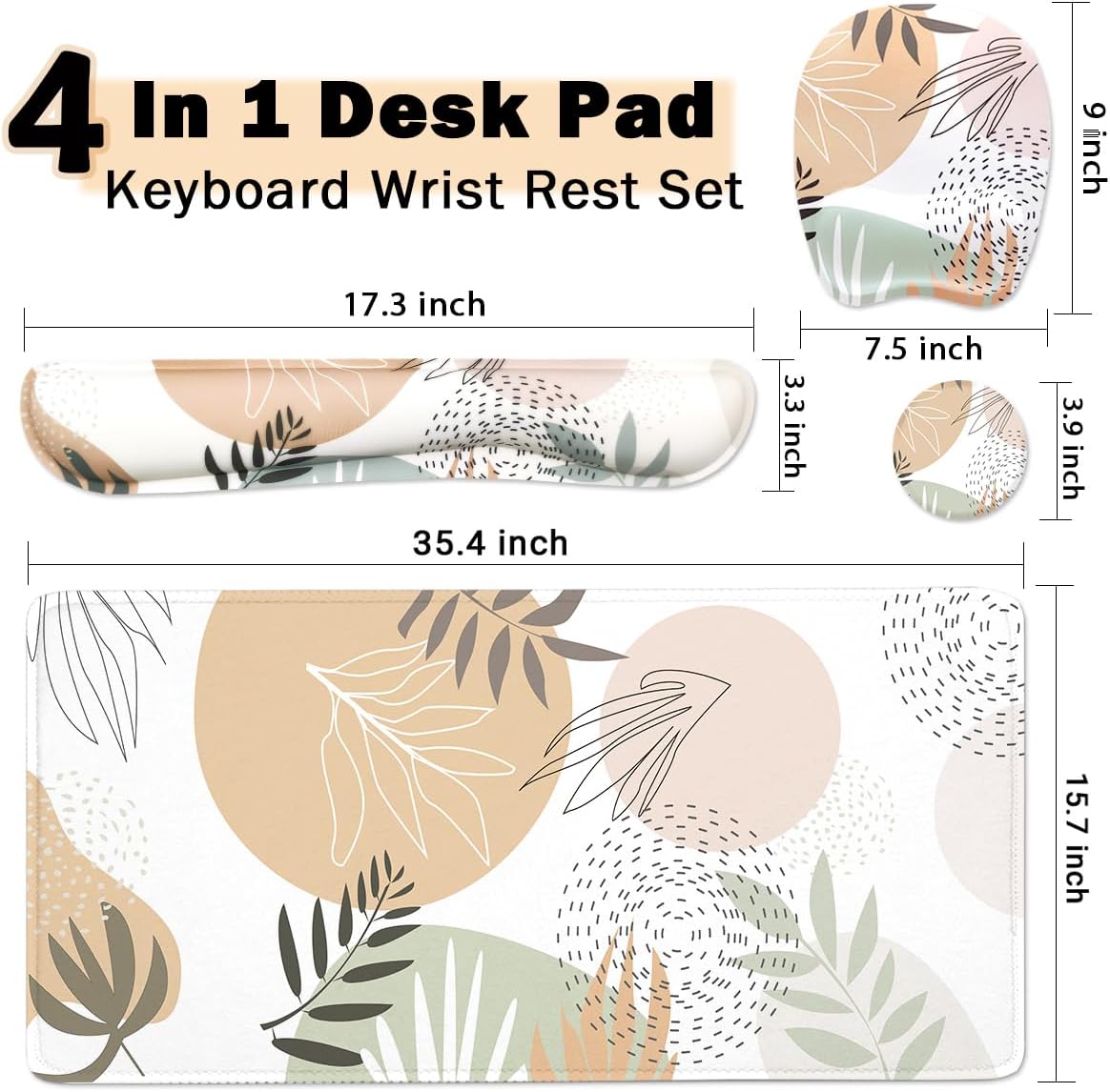 Keyboard Wrist Rest Large Mouse Pad Wrist Support for Computer, 4 in 1 Memory Foam Keyboard Pad Desk Mat Ergonomic Hand Rest Wrist Cushion for Home Office Gaming - Minimalist Plant