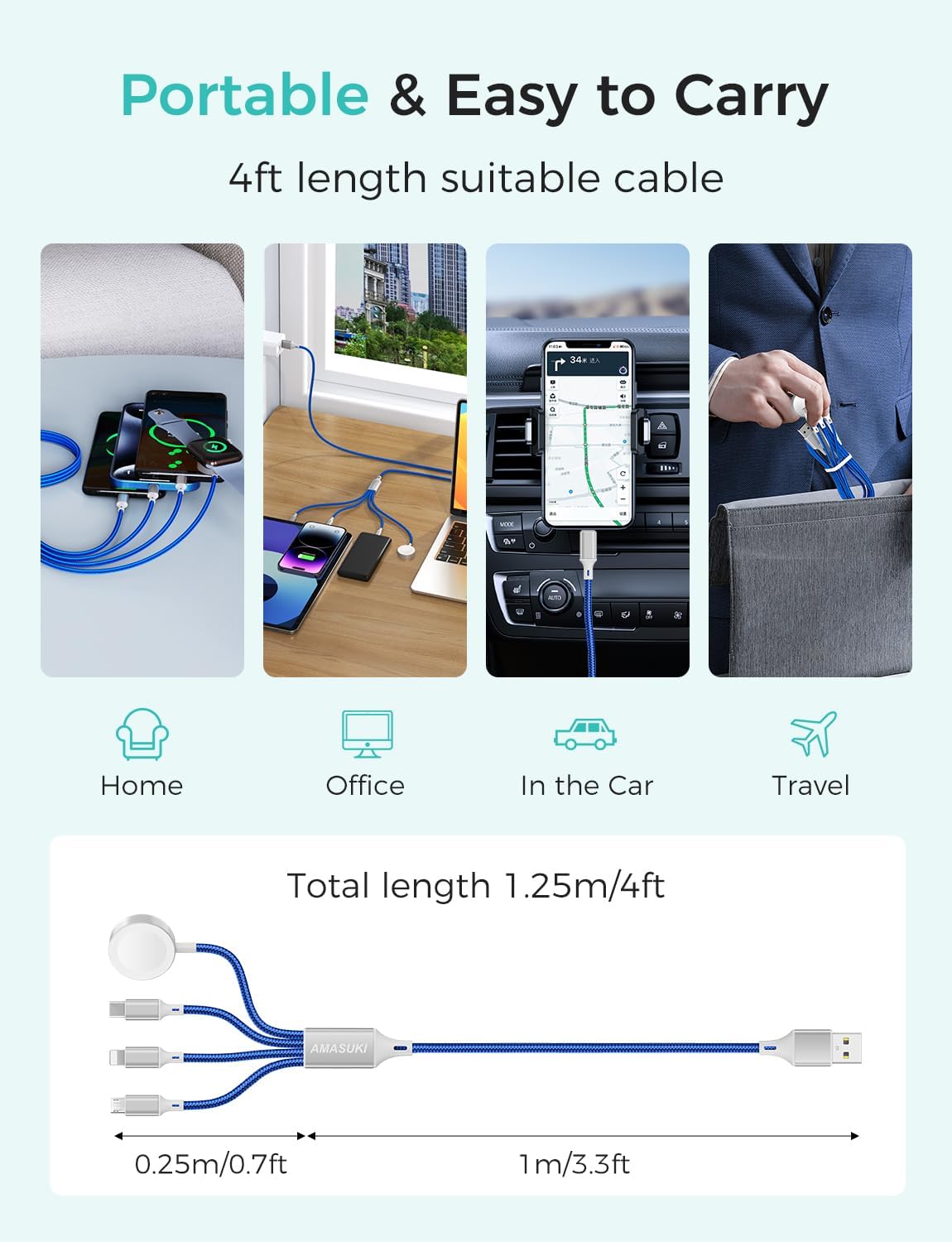 Travel Essentials Multi Charging Cable for Watch Charger 4 in 1 Fast Charger Camping Essentials USB C/L/Micro Compatible with Watch Series 10-1/SE/Ultra Phone 16 15/Galaxy Android-4FT/Blue