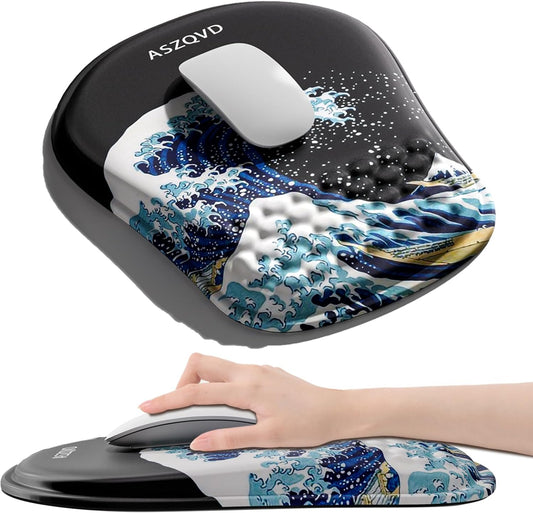 Mouse Pad with Wrist Rest, Ergonomic Mousepads with Wrist Support, Soft Lycra Fabric Memory Foam Office Desk Accessories for Comfort/Pain Relief/PC Gaming/Computer/Laptop (Black Kanagawa)