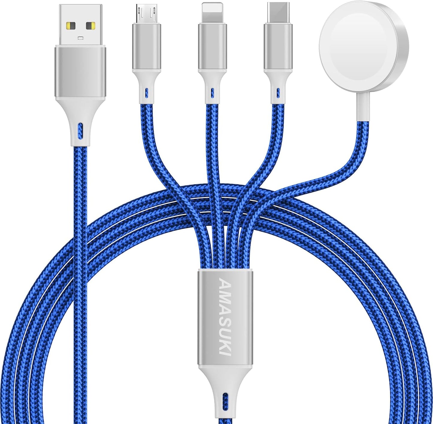 Travel Essentials Multi Charging Cable for Watch Charger 4 in 1 Fast Charger Camping Essentials USB C/L/Micro Compatible with Watch Series 10-1/SE/Ultra Phone 16 15/Galaxy Android-4FT/Blue