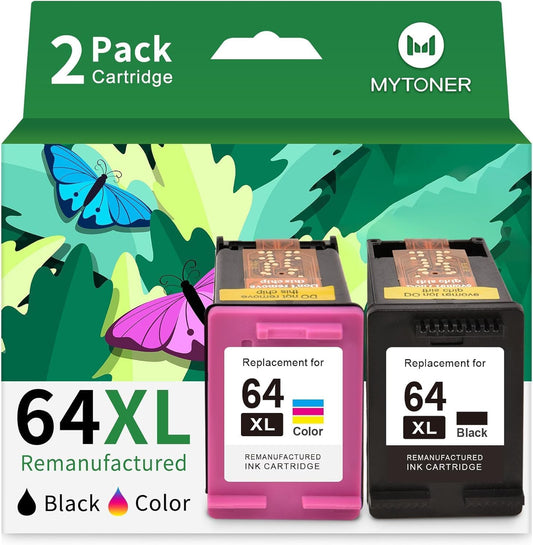 MYTONER 64XL Ink Cartridge Black/Color Combo Pack Remanufactured Replacement for HP Ink 64 HP 64XL Ink for Envy Photo 7855 7858 7100 7155 7120 6252 7800 7158 Tango Series Printer 2 Pack