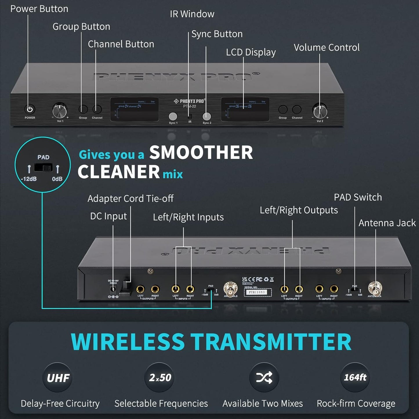 Phenyx Pro in Ear Monitor for Musicians, UHF Wireless in-Ear Monitors System, Mono 2-Channel IEM, Metal Stage Monitor w/ 2x50 Frequencies, 164ft Long Coverage, Rack Mount Kit (PTM-22, 4 Bodypacks)