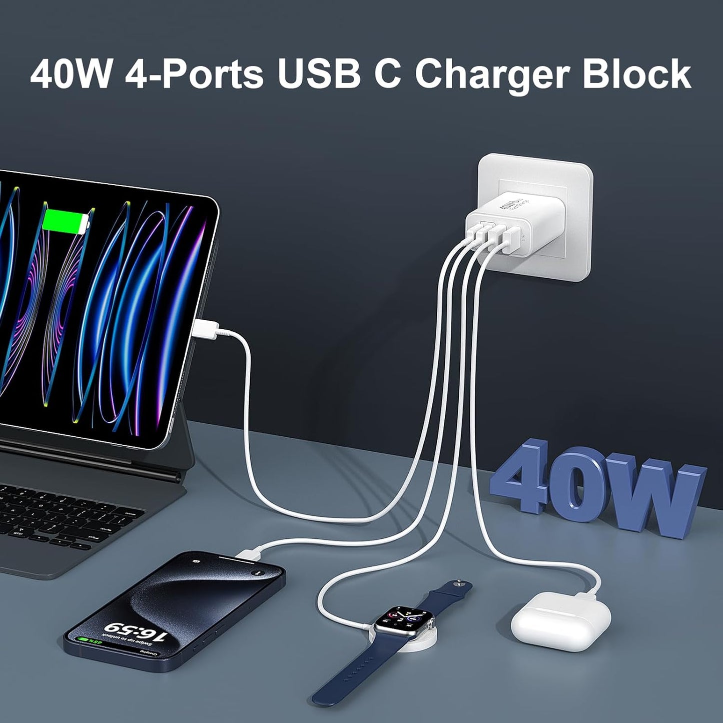 USB C Fast Wall Charger Block, 2Pack 40W USBC Charging Cubes, 4-Port PD+QC Power Adapter Multiport Brick Type C Box Plug for Phone 16/15/14/13/12/11/Pro Max/Plus, Pad Mini/Pro/S25/S24