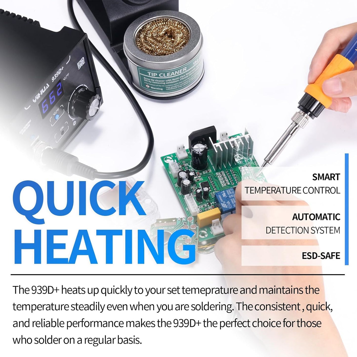YIHUA 939D+ Digital Soldering Station, 75 Watt Equivalent with Temperature Control, °C/°F Display. ESD safe for Electronics. Aluminum Panel (Resists Burn). Solder Tips, Lead-free Solder & Extras