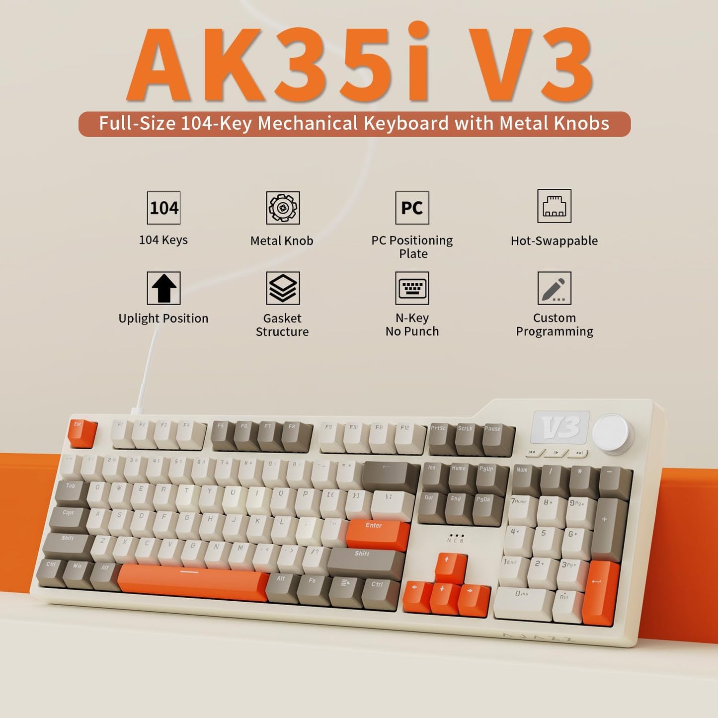 AJAZZ AK35I V3 104-Key Full Size Wired Gasket Mount Gaming Keyboard with Multimedia Buttons & Knob Control | Five Layer Pad | OEM Profile PBT Keycaps | White Backlit Custom Keyboard