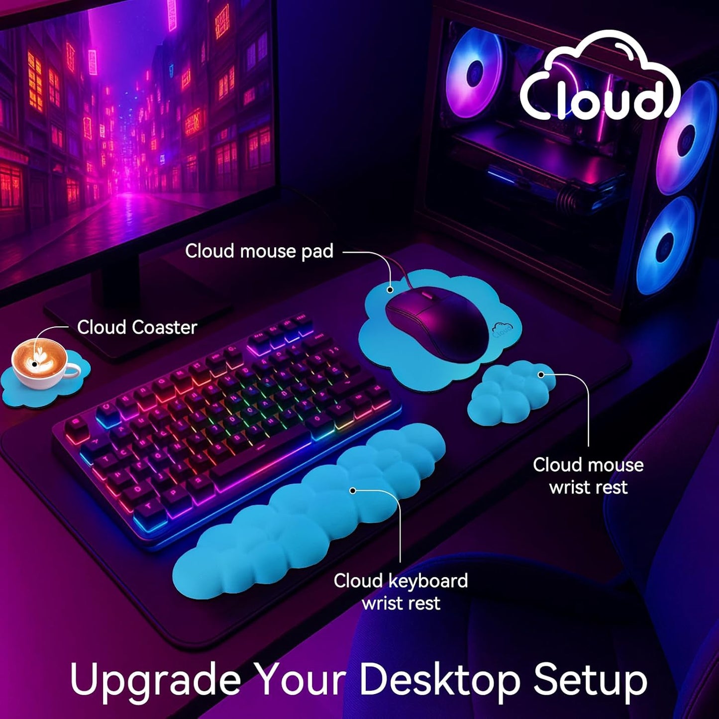 Cloud Wrist Rest for Computer Keyboard, 4-in-1 Memory Foam Leather Cloud Keyboard Wrist Rest and Mouse Pad Set with Ergonomic Support for Arm and Palm Cushion, Gaming/Work Setup, Scuba Blue