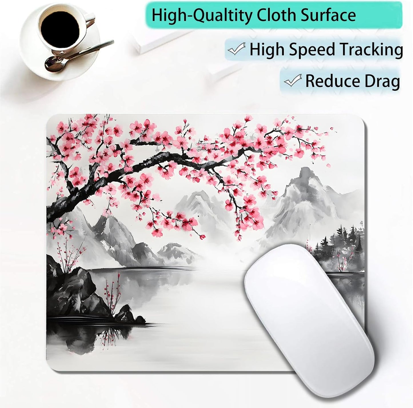Watercolor Cherry Blossom Japanese Custom Mouse Pad with Non-Slip Rubber, Small Square Design for Wireless Laptop & Computer Mouse Pads for Desk, 9.5 x 7.9 inch Smooth Surface for Gaming & Office