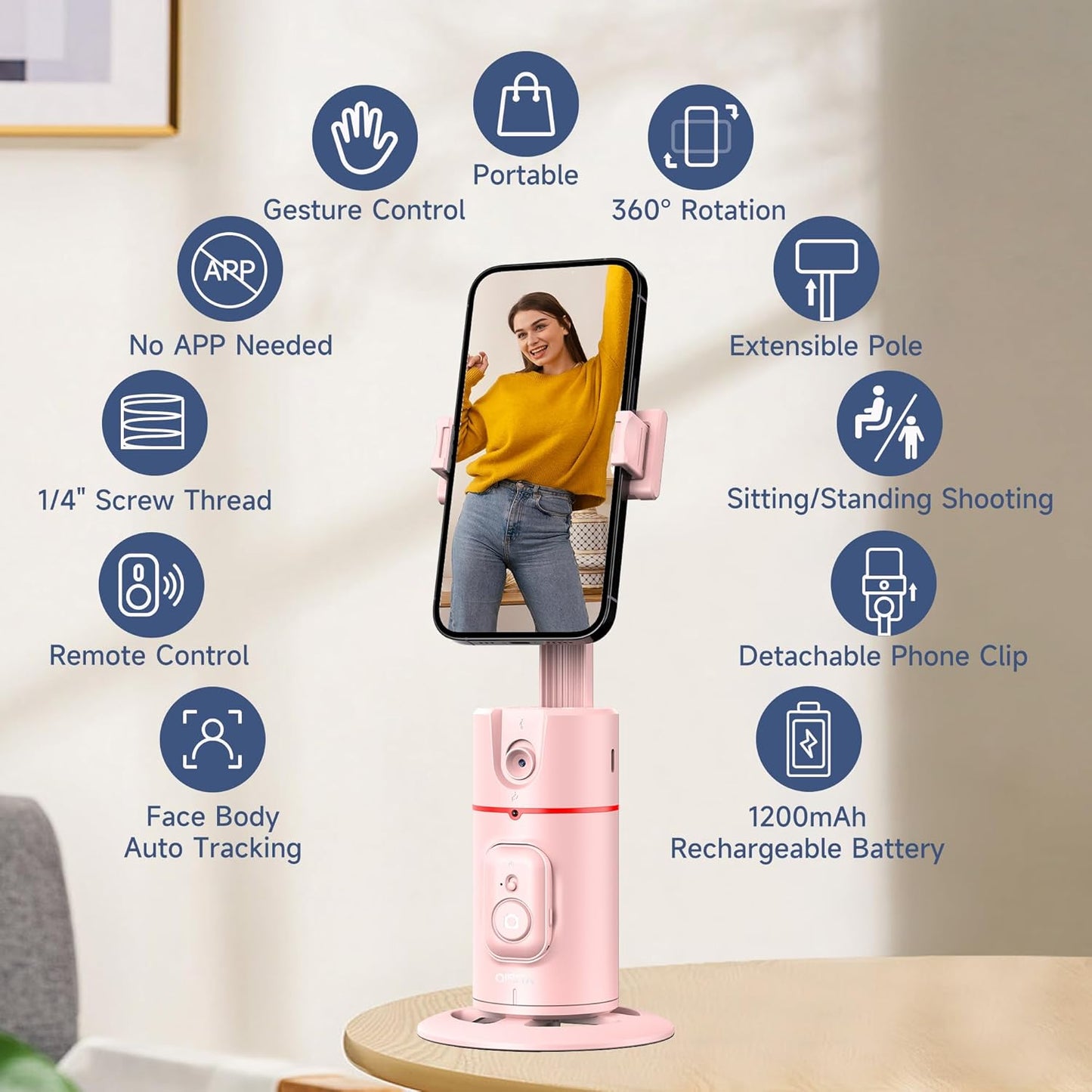 Auto Face Tracking Phone Holder, Gesture Control & Remote, Face Tracking Tripod 360 Rotation Body Phone Camera Mount Smart Shooting Holder, iPhone Selfie Stick Tripod, Expandable Pole (Pink)