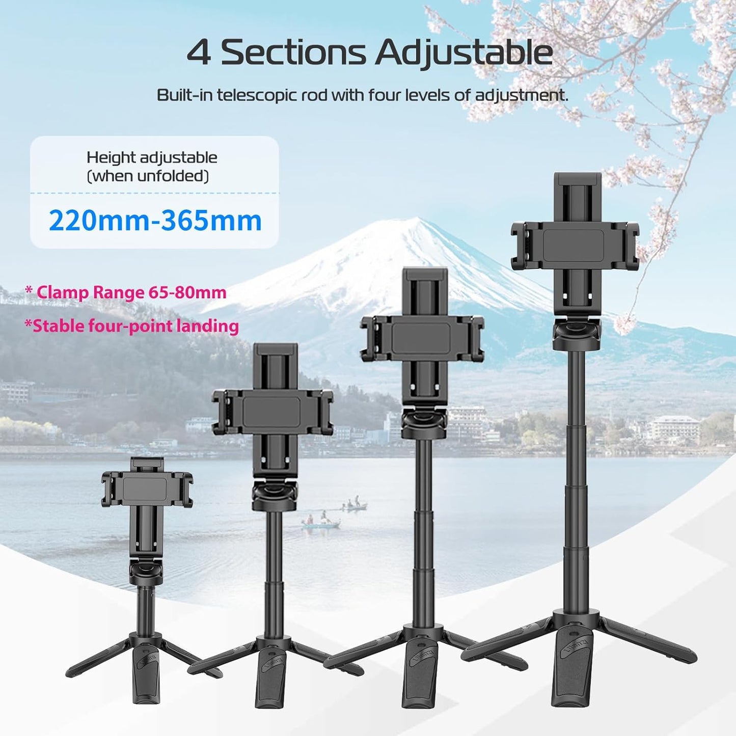 ULANZI JJ02 Selfie Stick Tripod, Extendable Grip Phone Tripod with Detachable Remote Pocket Size, 3-in-1 Mini Phone Grip 2 Cold Shoe, 10m/393.7'' Wireless Shutter, Vlog Livestreaming Photography
