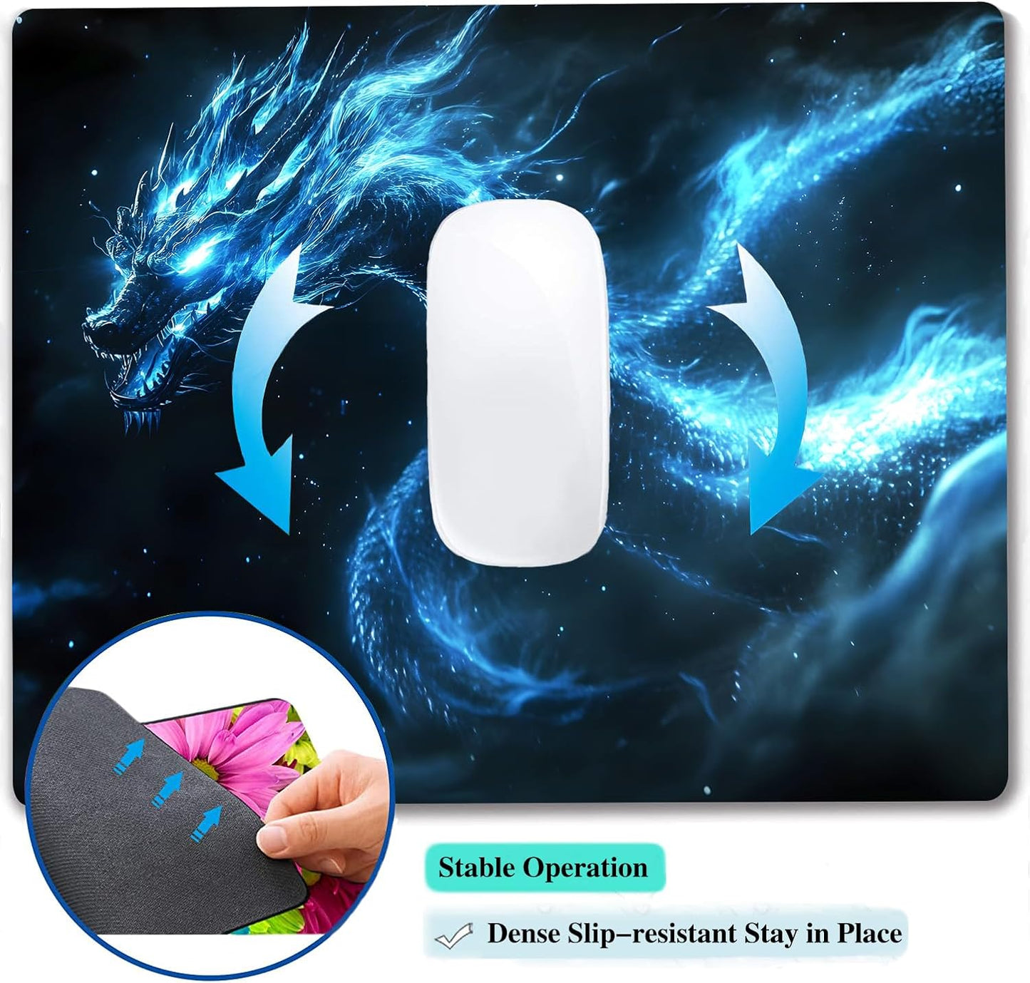 Witchy Blue Japanese Dragon Custom Mouse Pad with Non-Slip Rubber, Small Square Design for Wireless Laptop & Computer Mouse Pads for Desk, 9.5 x 7.9 inch Smooth Surface for Gaming & Office