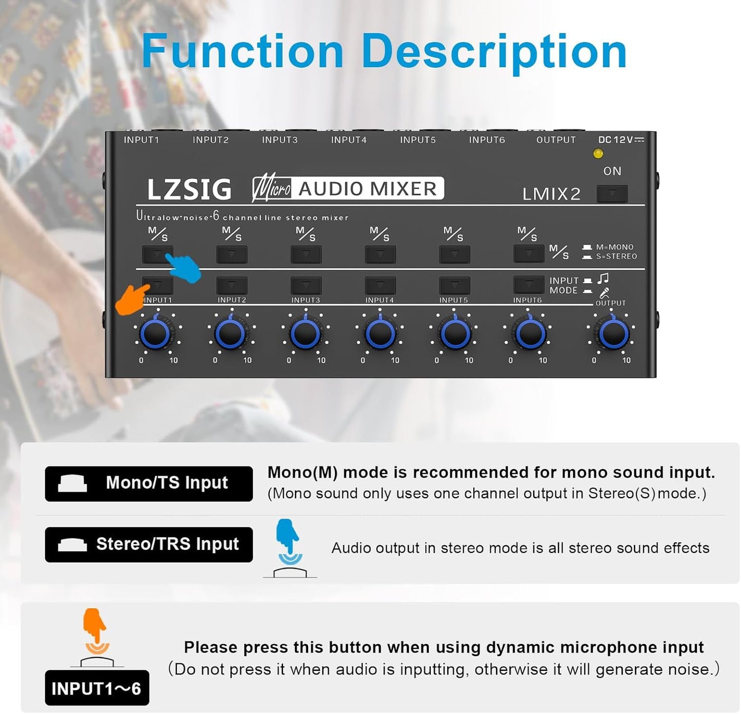 LZSIG Mini Audio Mixer,Stereo Line Mixer for Sub-Mixing,Ultra Low-Noise,6-Channel,Microphone Independent Control, 1/4" & 1/8" TRS Output and Input, for Guitars,Bass,Keyboards
