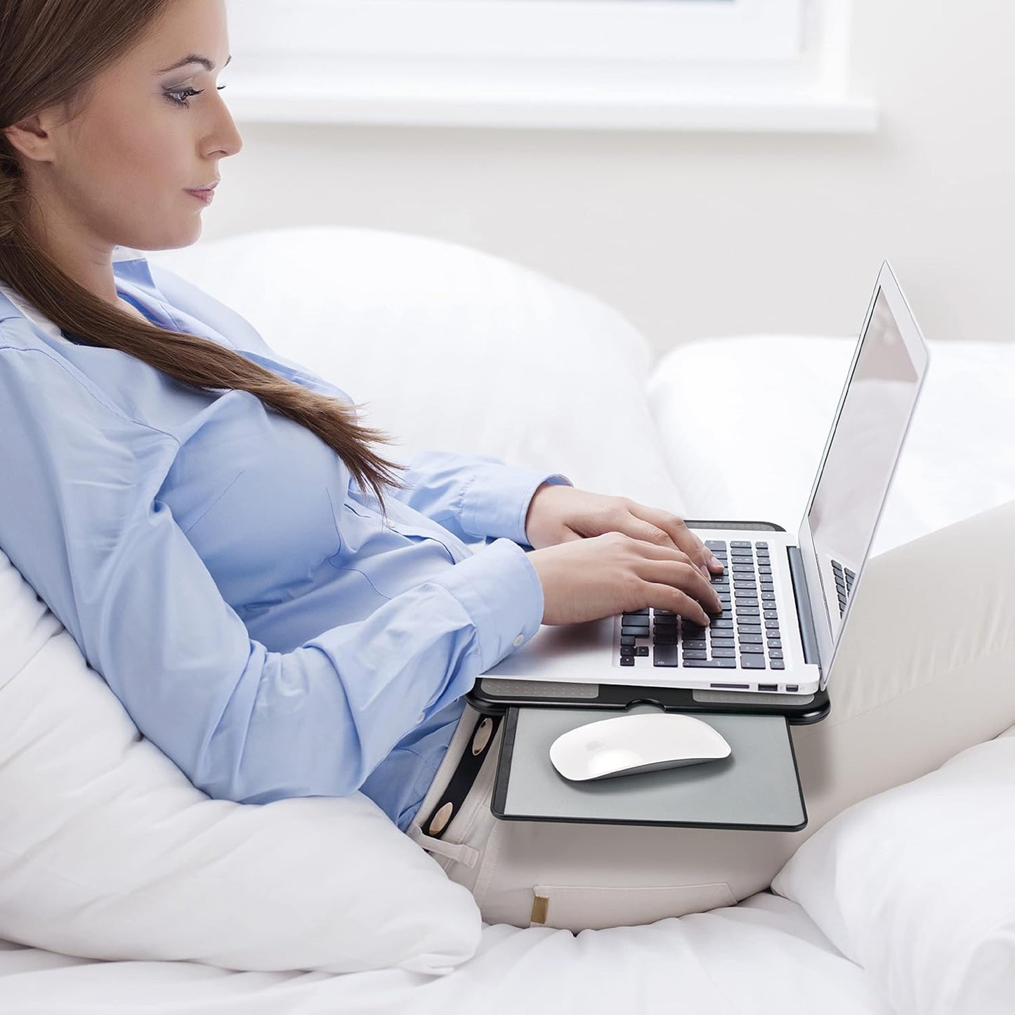 EHO Laptop Lap Pad - Laptop Stand Pad w Retractable Mouse Pad Tray, Anti-Slip Heat Shield Tablet Notebook Computer Stand Table w/Sturdy Stable Cooler Work Surface for Bed Sofa Couch or Travel