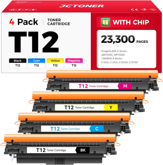 T12 T12L Toner Cartridge Set 4-Pack with chip High Yield Replacement for Canon T12 T12BK T12C T12Y T12M Compatible with Canon ImageCLASS LBP1333C MF1333C i-SENSYS X C1300 C1333i C1333P C1333iF Printer