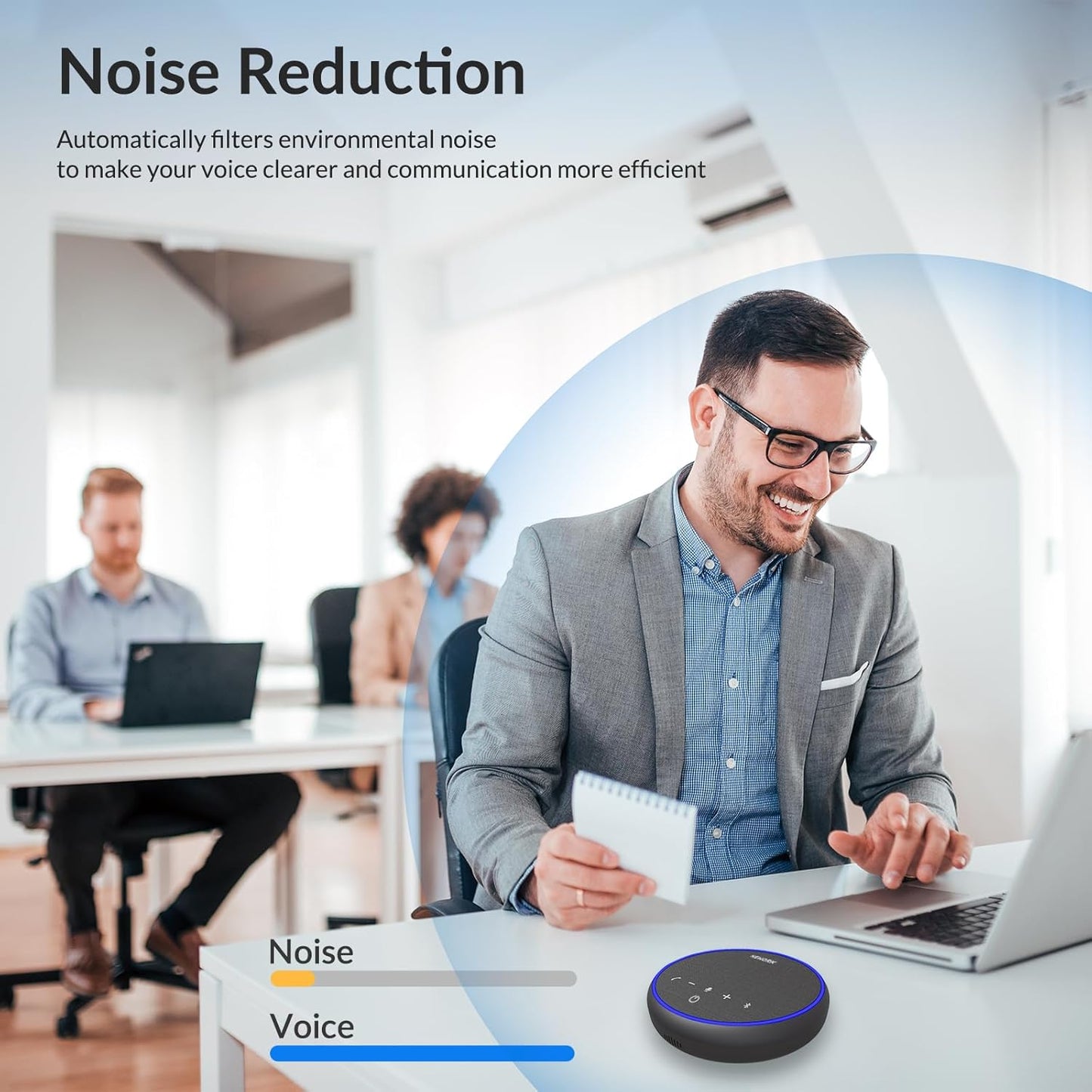 Bluetooth Conference Speakerphone with Microphone, 3 Mics with 360° Voice Pickup, 12H Call Time, Noise Reduction, USB-C Plug & Play, Portable Design, Compatible with Windows, iOS